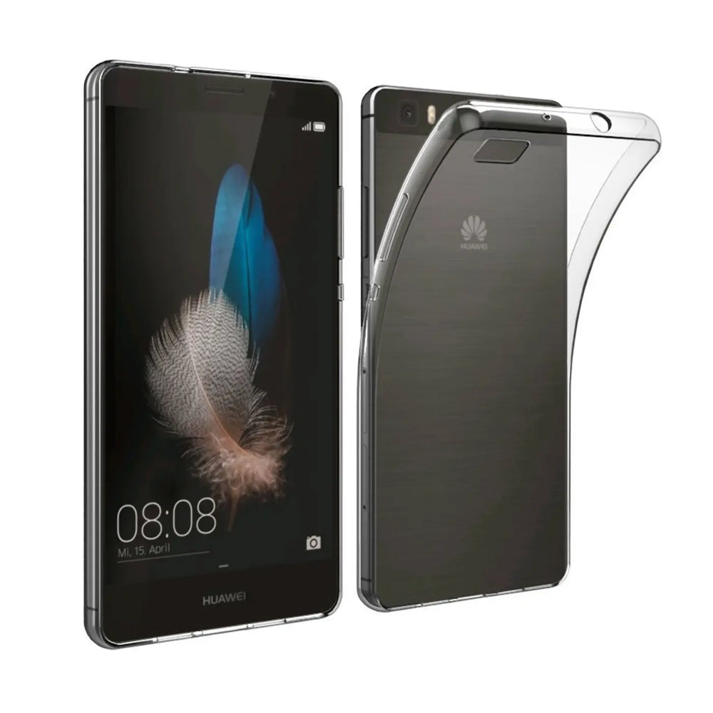 Klares, flexibles Handyhülle aus Kunststoff, zeigt Huawei P8 von vorne und hinten.
