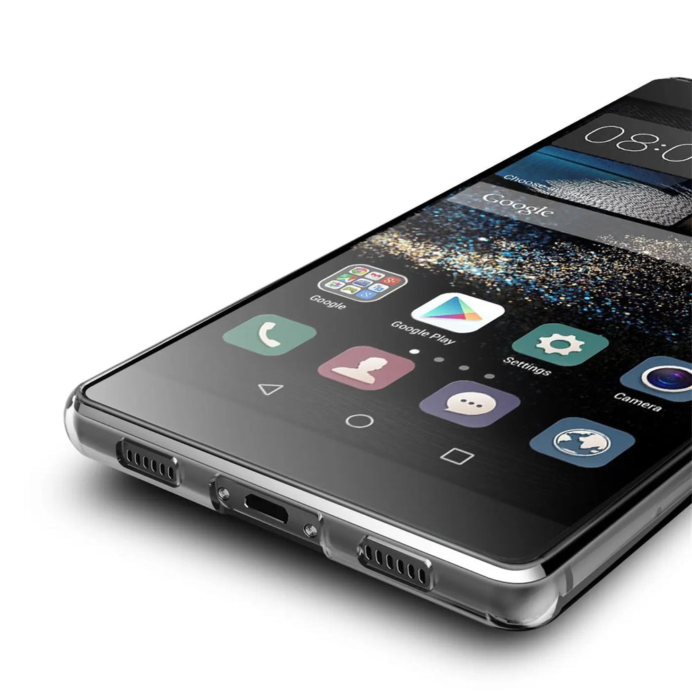 Klar, transparentes Case aus Kunststoff, von schräg unten, zeigt Huawei P8 mit Homescreen.