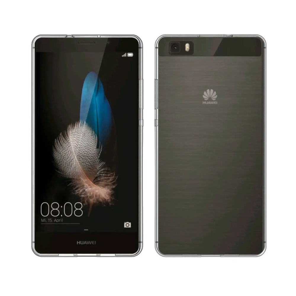 Huawei P8, Vorder- und Rückansicht, transparentes Gehäuse, dunkles Metall-Finish.