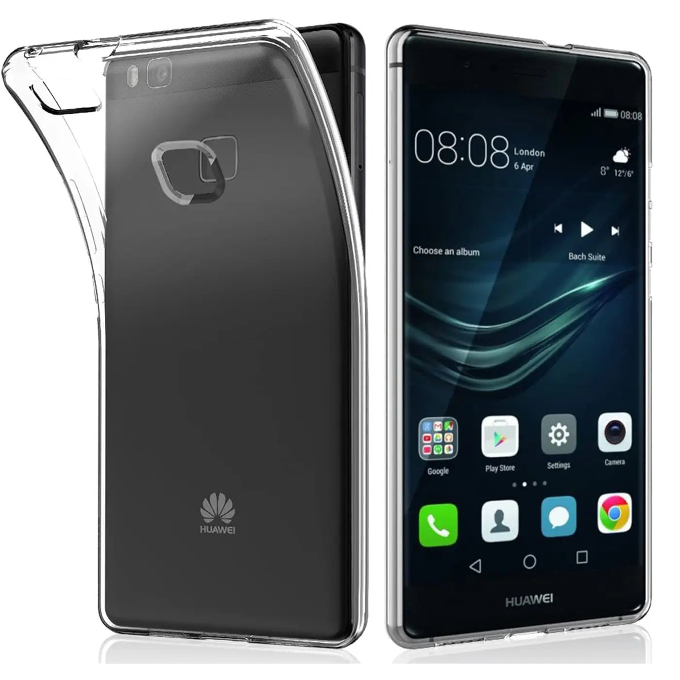 Klar, durchsichtiges Huawei P9 Lite Handy mit Hülle, Rückseite und Vorderseite gezeigt.