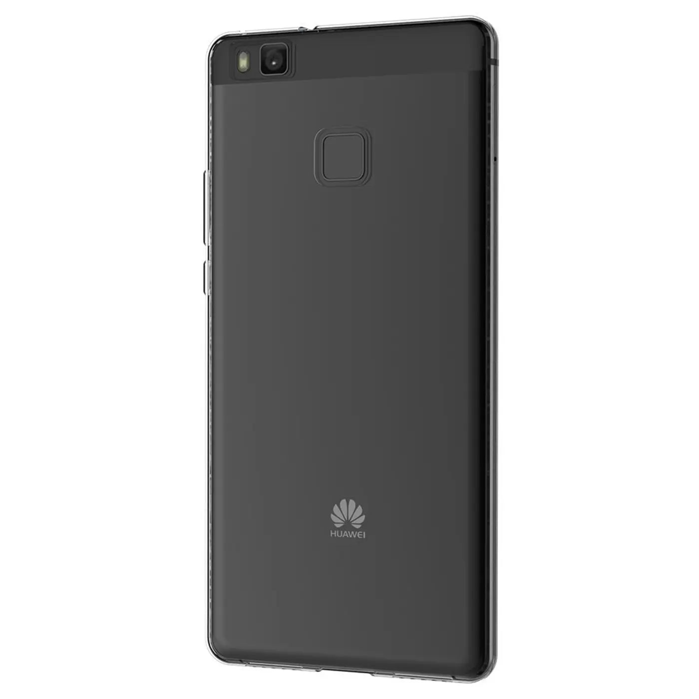 Graues, transparentes Huawei P9 Lite mit Fingerabdrucksensor und Kamera.