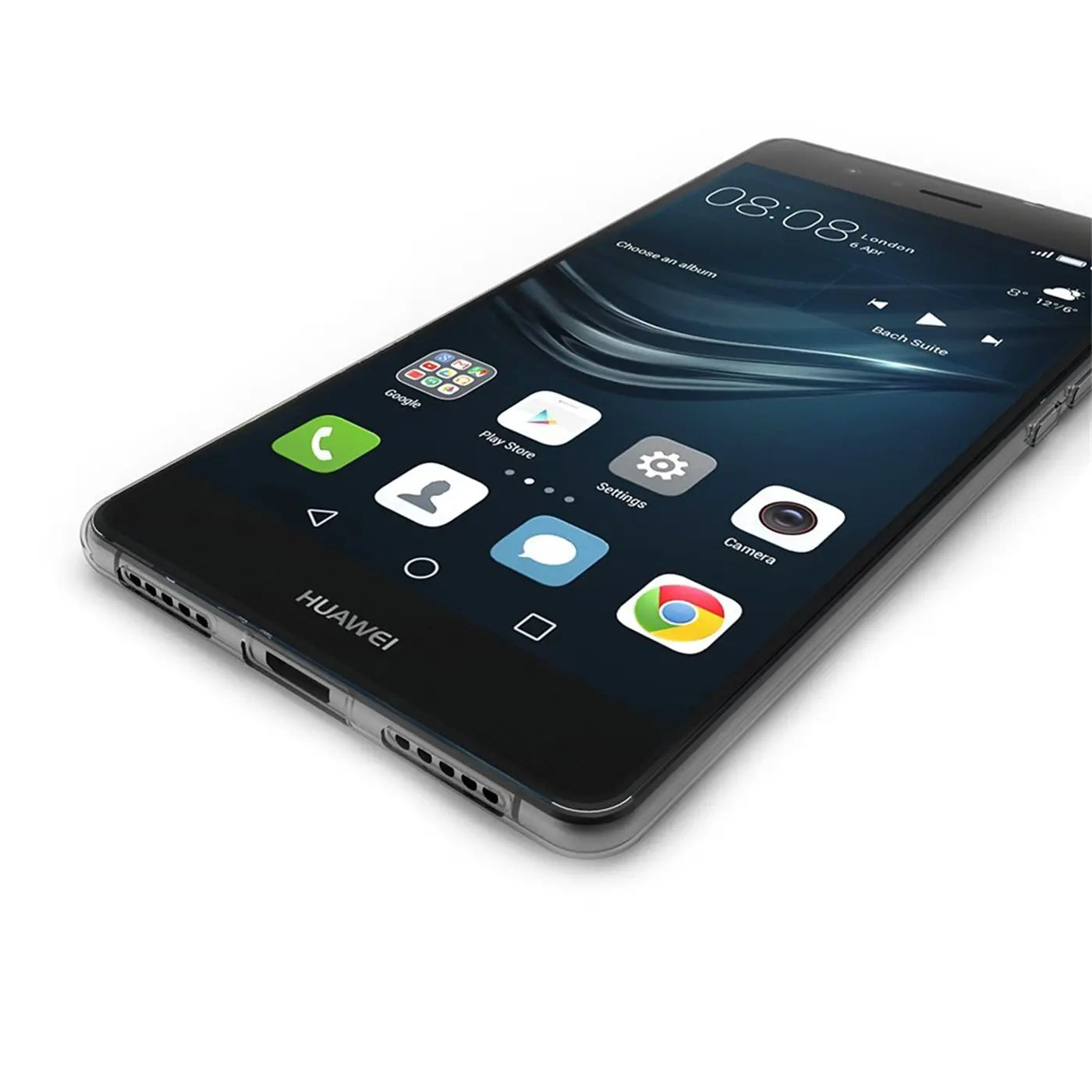 Huawei P9 Lite in klarem, dünnem Gehäuse, von schräg vorne links, mit Apps auf dem Bildschirm.