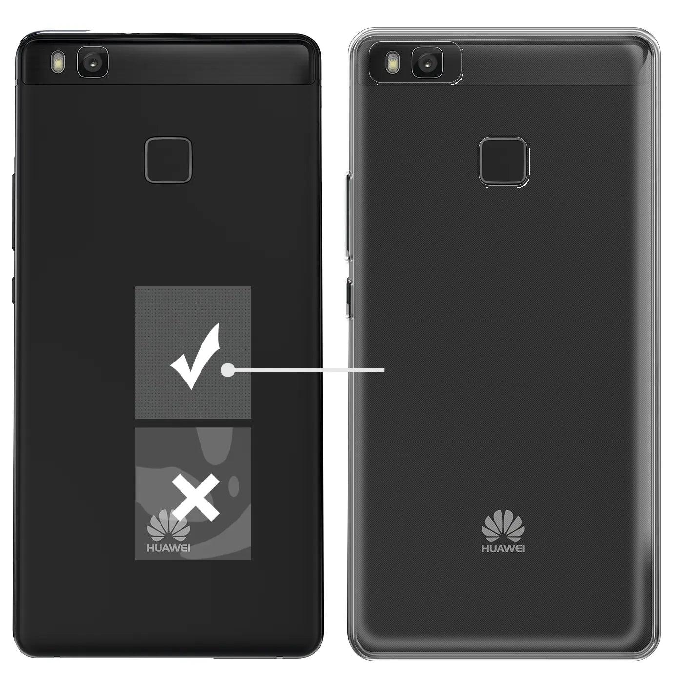 Zwei Huawei P9 Lite Handys, eines schwarz, eines in transparentem Case.