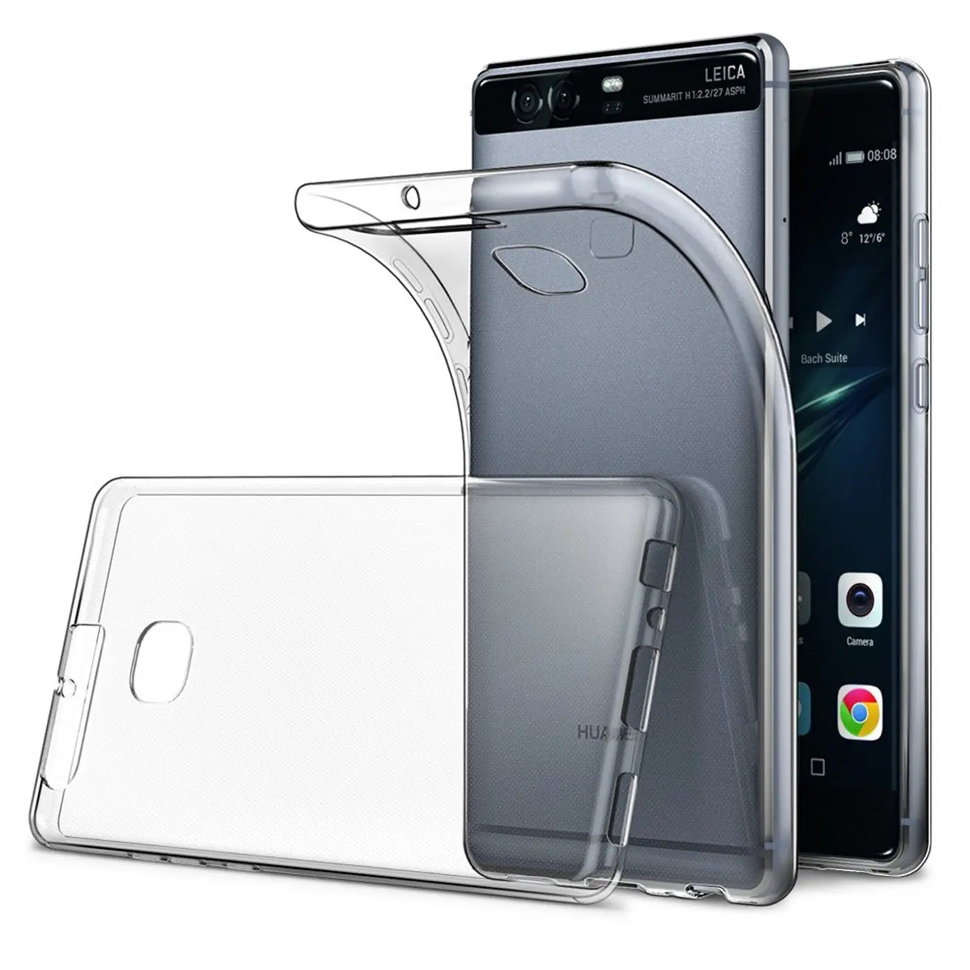 Klar, transparentes TPU-Case für Huawei P9, von vorne/leicht schräg.