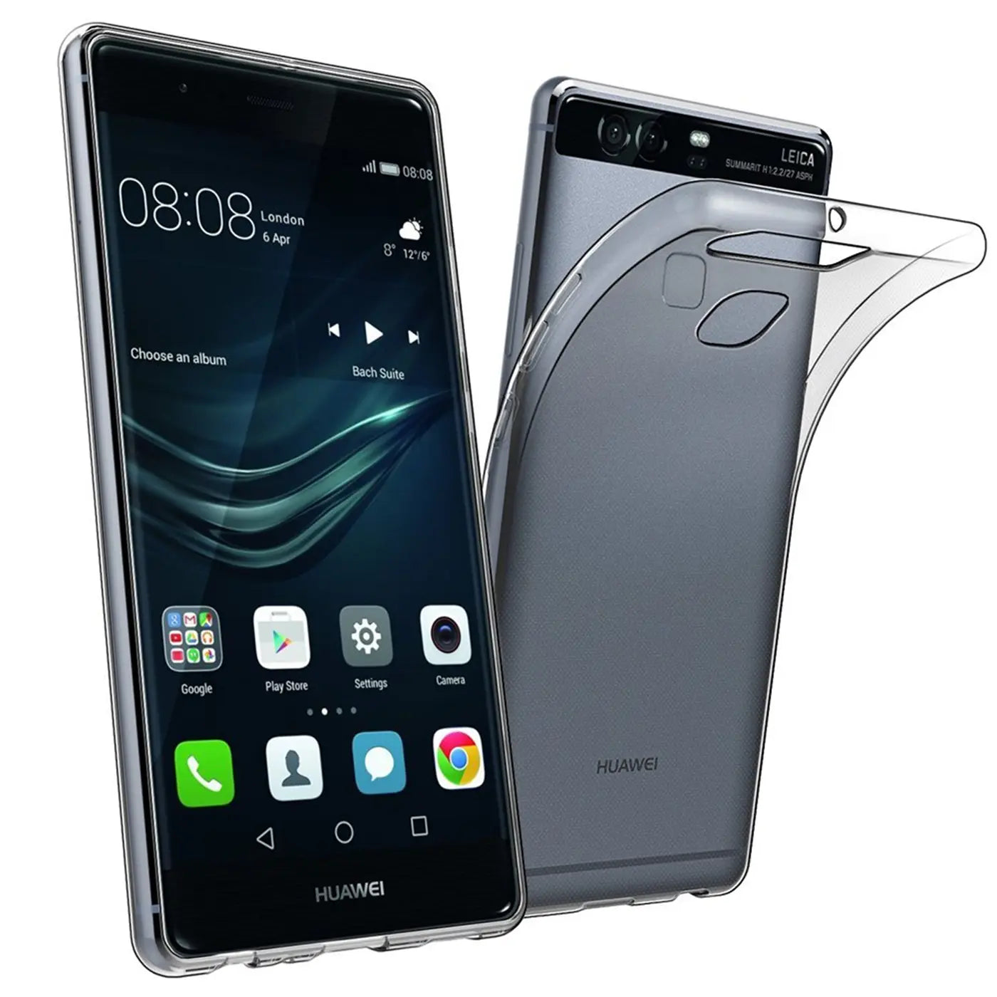 Huawei P9 mit transparentem Slim Case, Vorder- und Rückansicht, Nahaufnahme