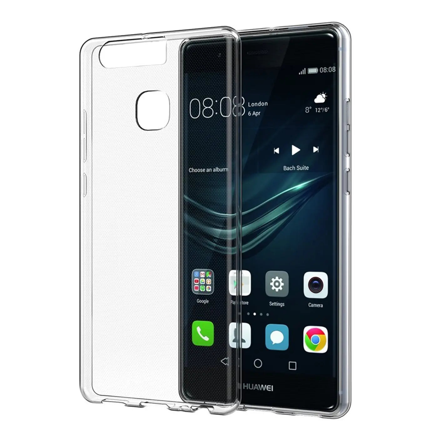 Klares, dünnes Huawei P9 Handy mit transparentem Schutzcase, von vorne, leicht schräg.