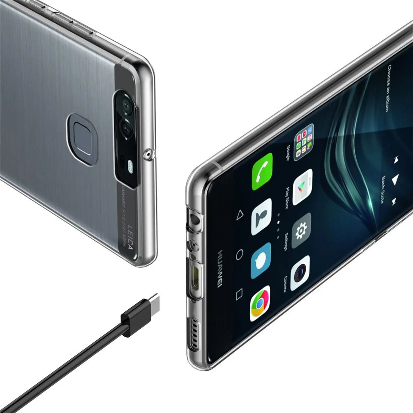 Transparentes Huawei P9 Case, Rückseite und Vorderseite, mit Ladekabel