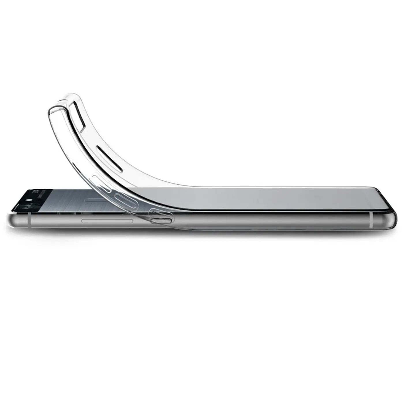 Klares, flexibles Huawei P9 Case, von der Seite, auf einem Huawei P9 liegend.