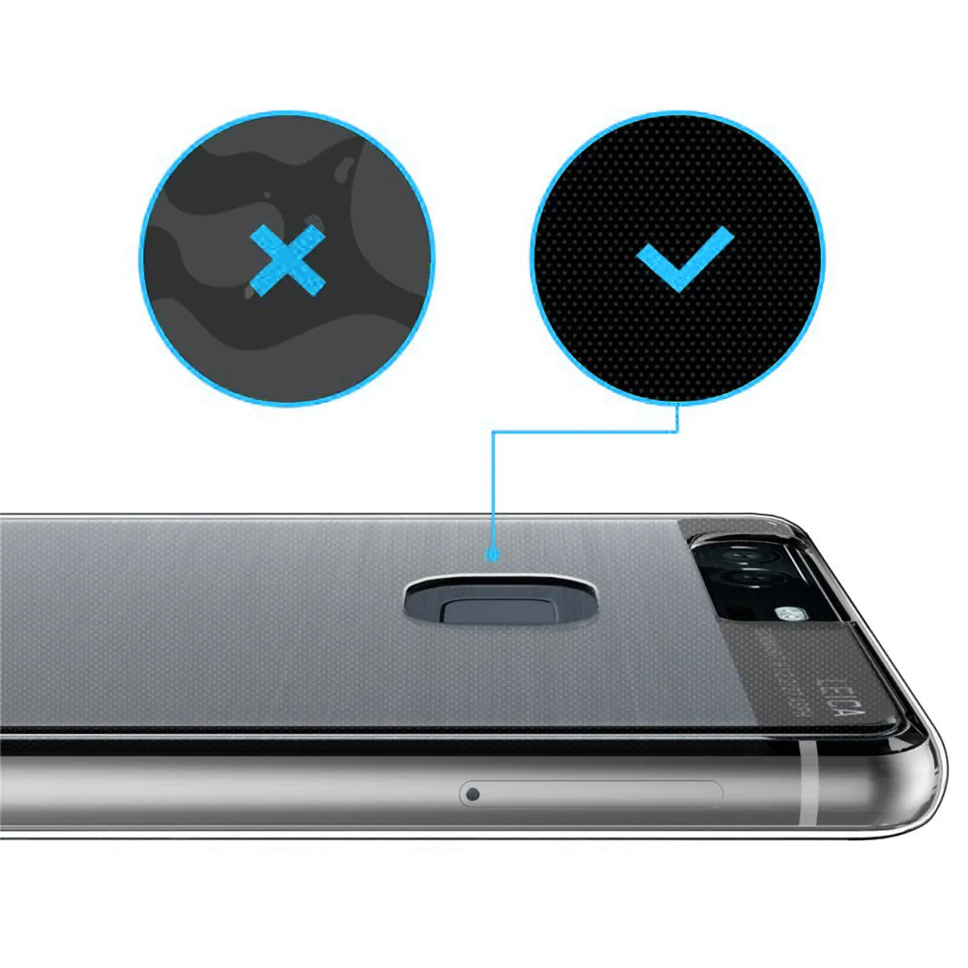 Huawei P9 mit transparentem Slim Case, Nahaufnahme, Fingerabdrucksensor-Aussparung.