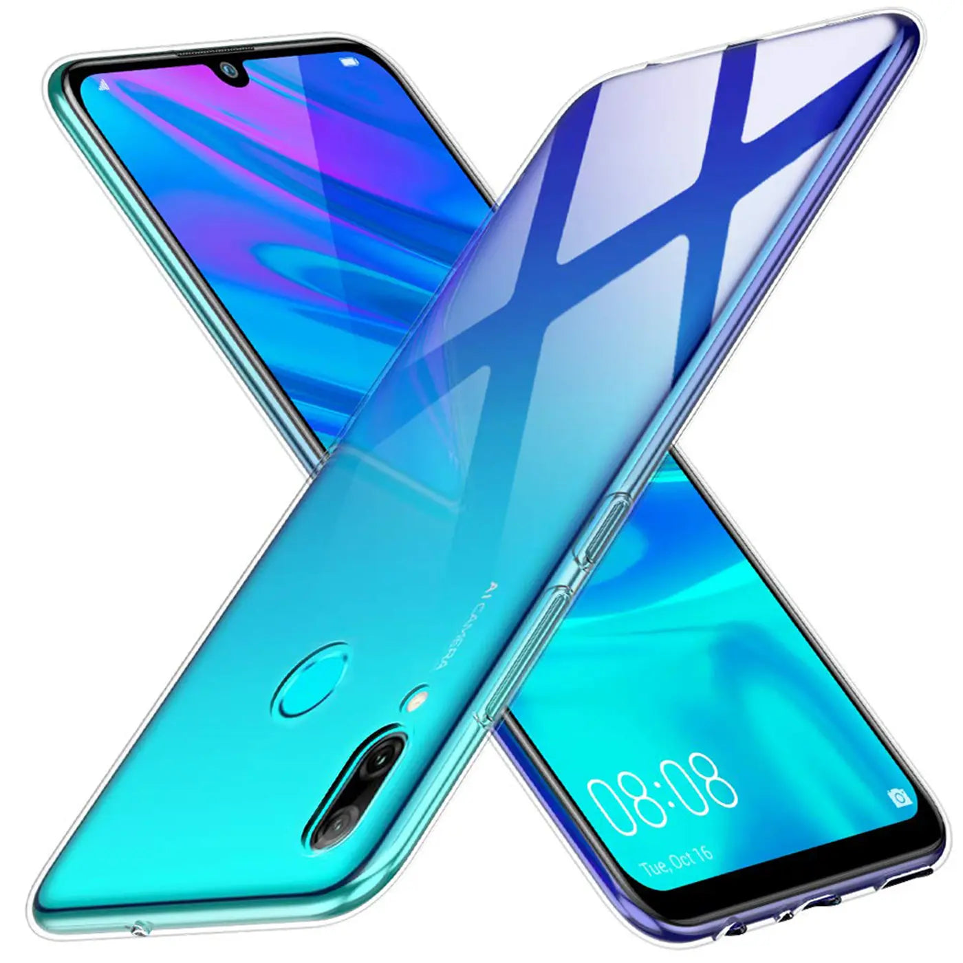 Klarer Slim Case auf Huawei P Smart 2019, Rückseite und Vorderseite sichtbar.