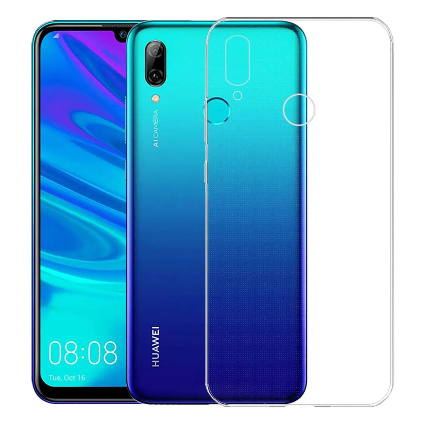Huawei P Smart 2019, blau, transparentes Silikoncase, von vorne und hinten gezeigt
