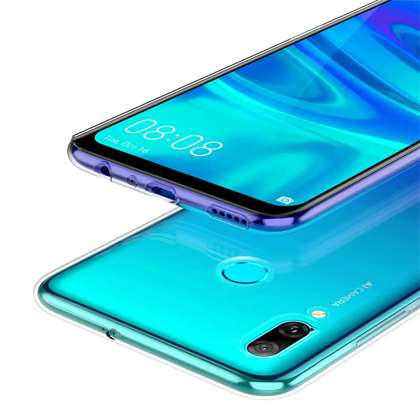 Transparent Hülle aus Kunststoff auf einem Huawei P Smart 2019, Nahaufnahme, von oben.