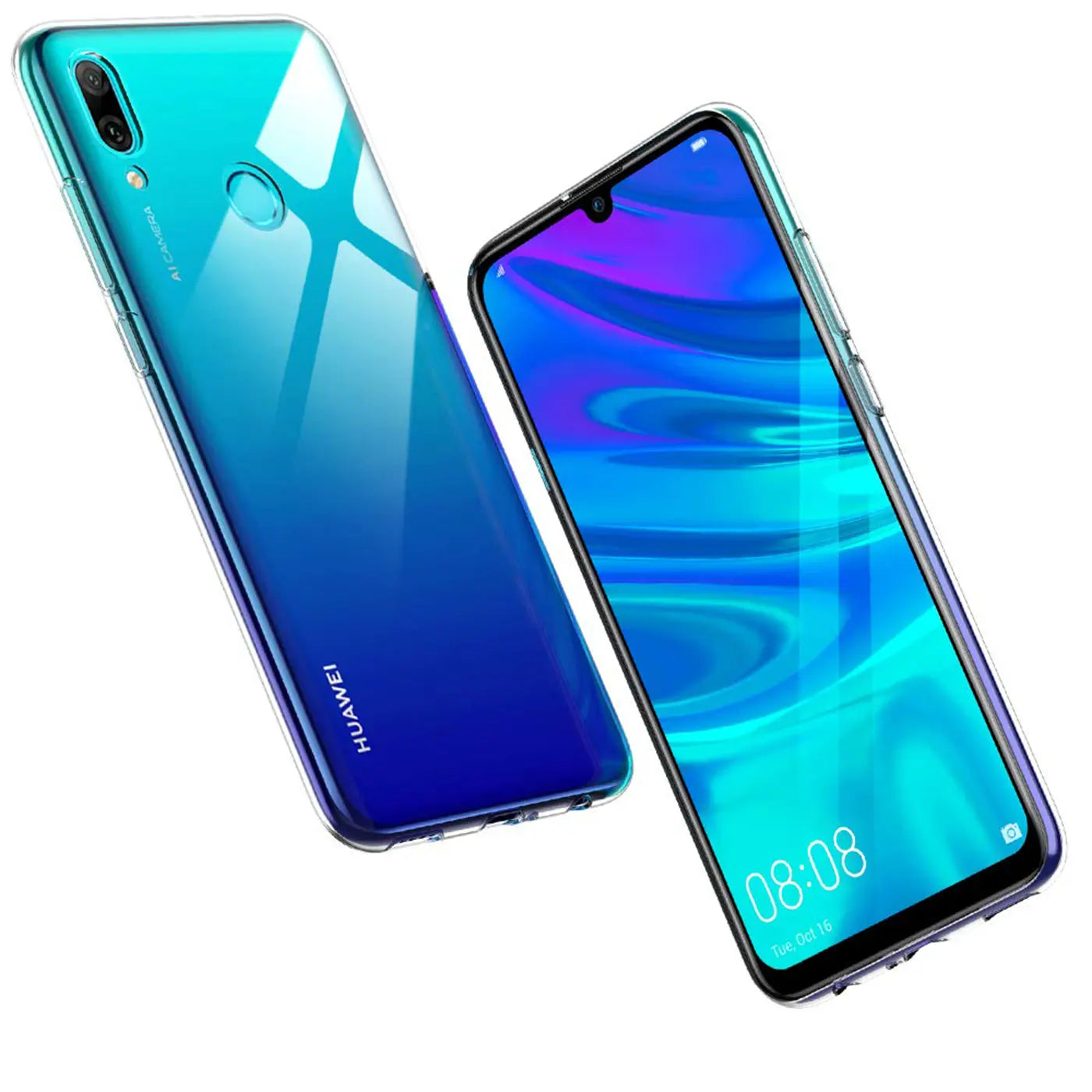 Zwei Huawei P Smart 2019 Smartphones mit transparentem Case, Vorder- und Rückansicht.