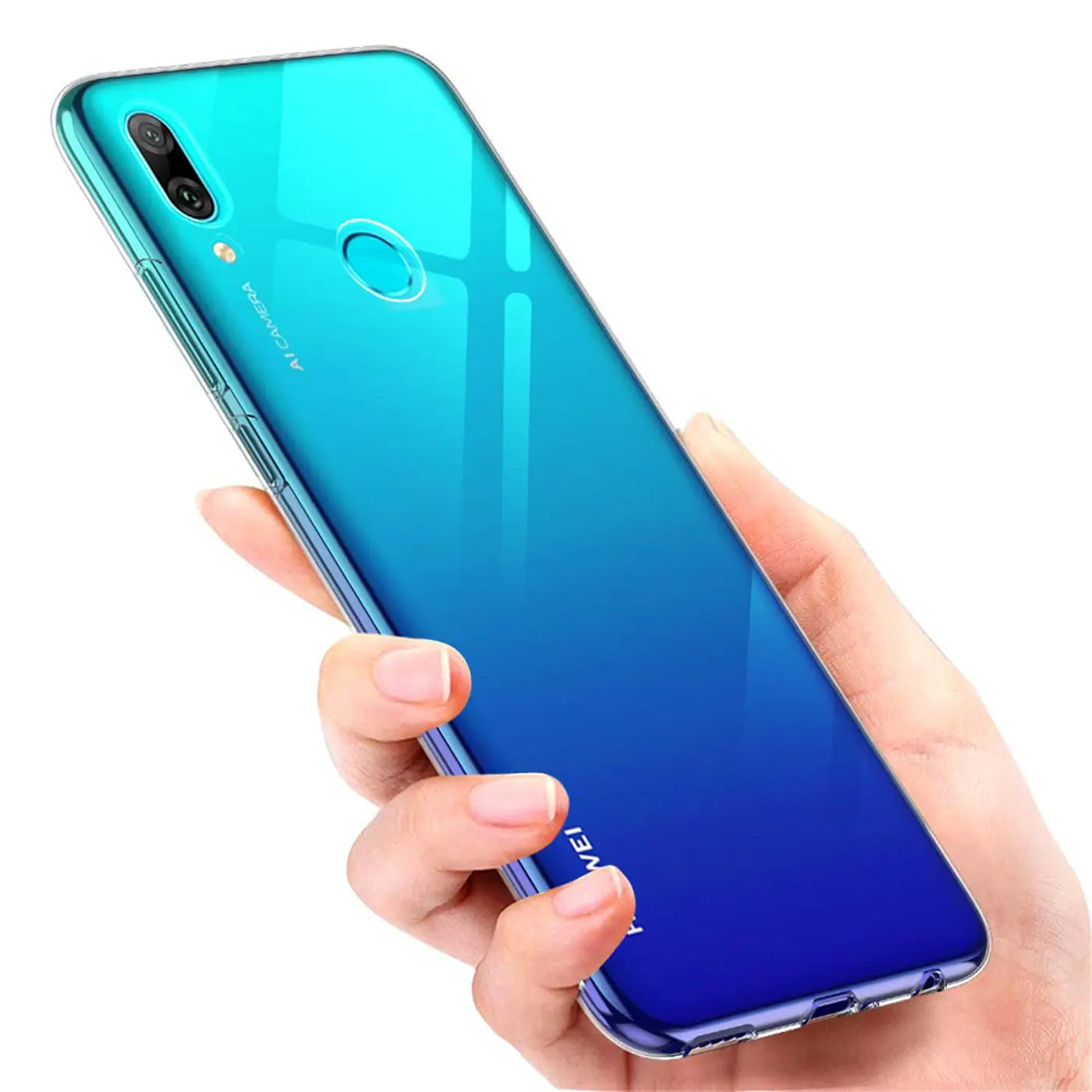 Hand hält blau-grün transparentes Huawei P Smart 2019 Handy mit Hülle.