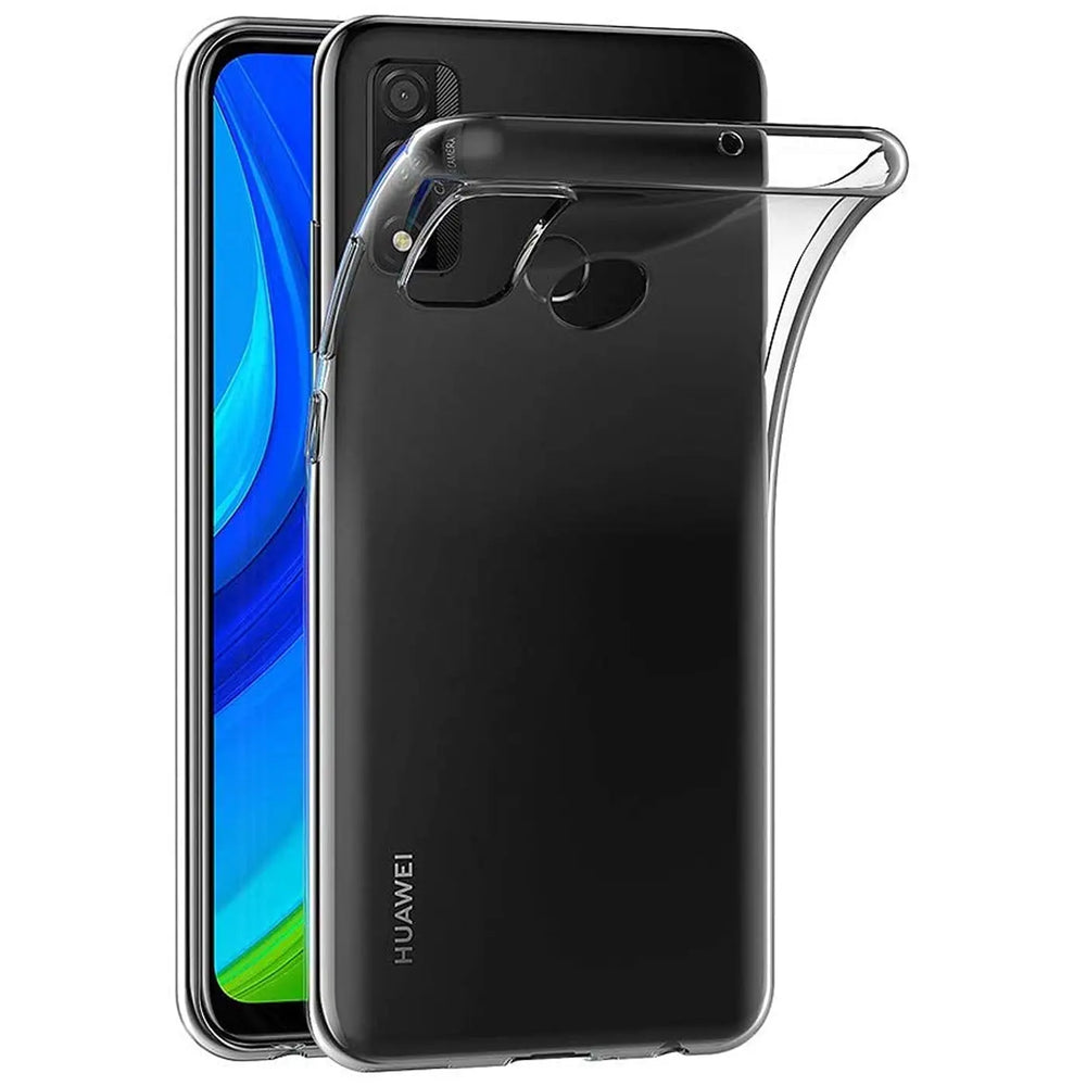 Klar transparente Hülle aus Silikon, von hinten auf ein Huawei P Smart 2020 gelegt.