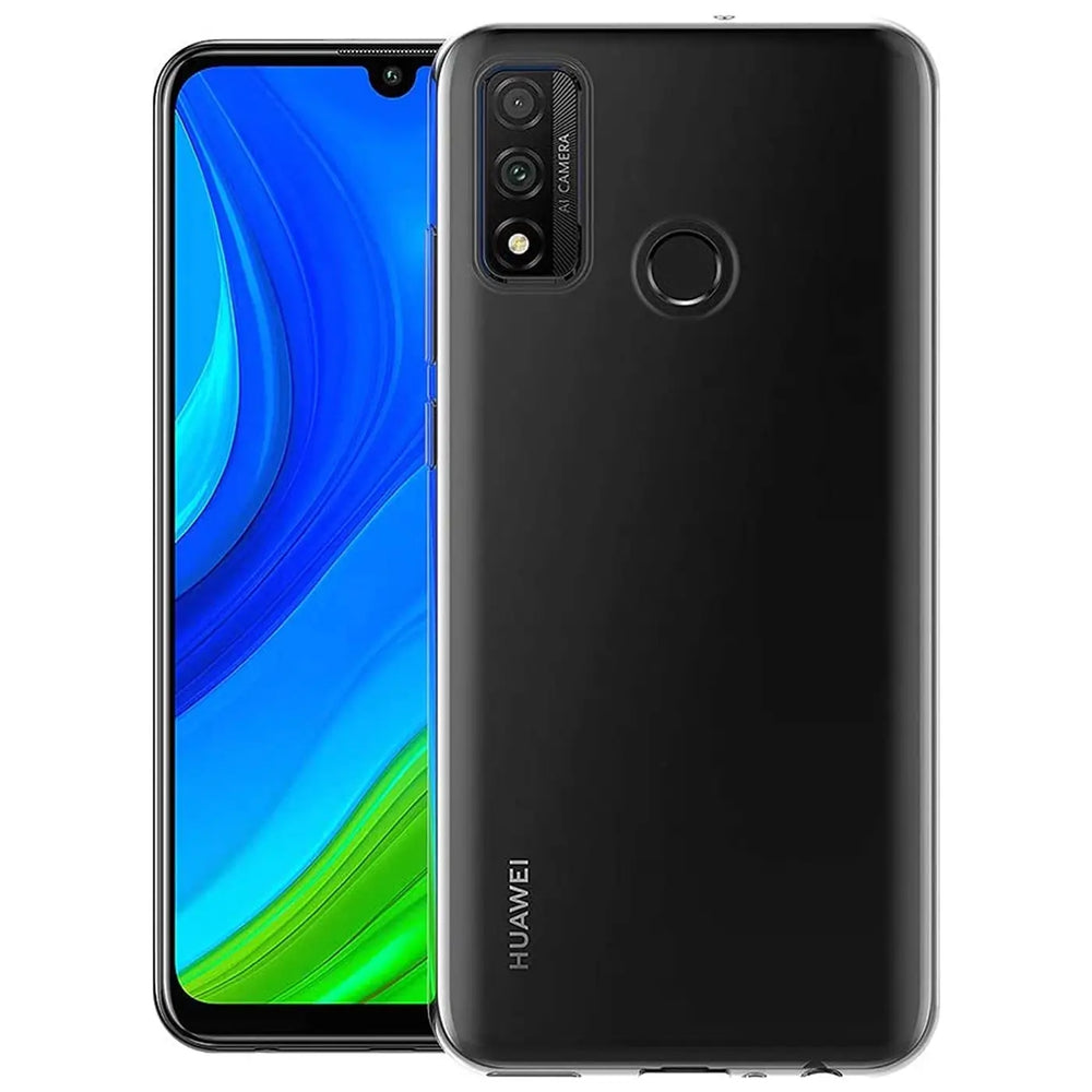 Schwarzes, transparentes TPU-Case auf einem Huawei P Smart 2020, von hinten und vorne gezeigt.