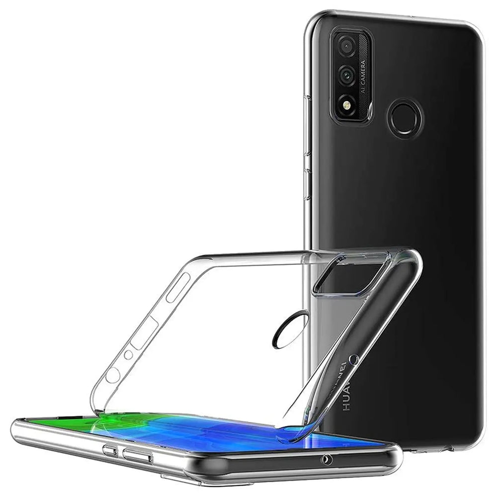 Klares Silikon-Case, schräg von vorne, Huawei P Smart 2020.