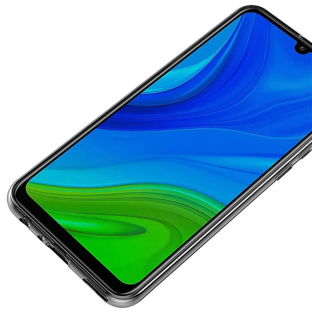 Huawei P Smart 2020 in transparentem Slim Case, von schräg oben fotografiert.