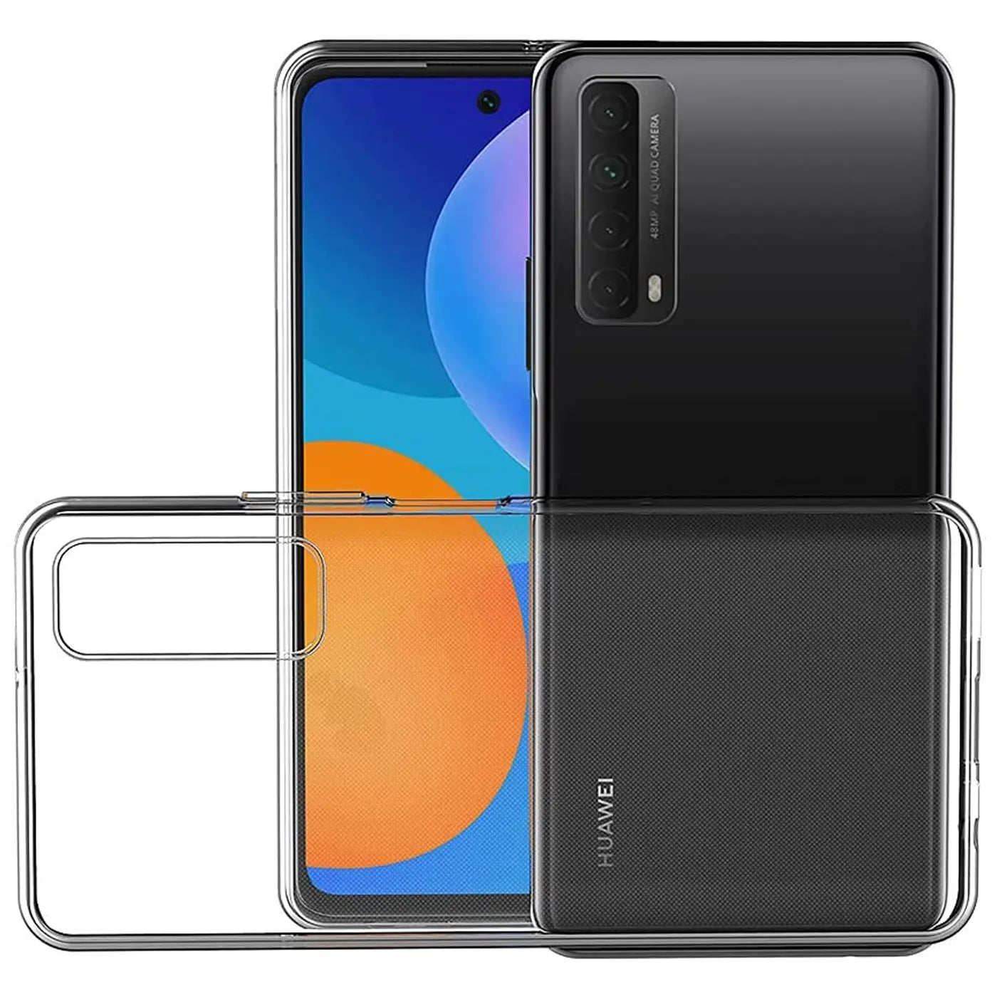 Klar, durchsichtiges Case aus TPU für Huawei P Smart 2021, von vorne und hinten gezeigt.