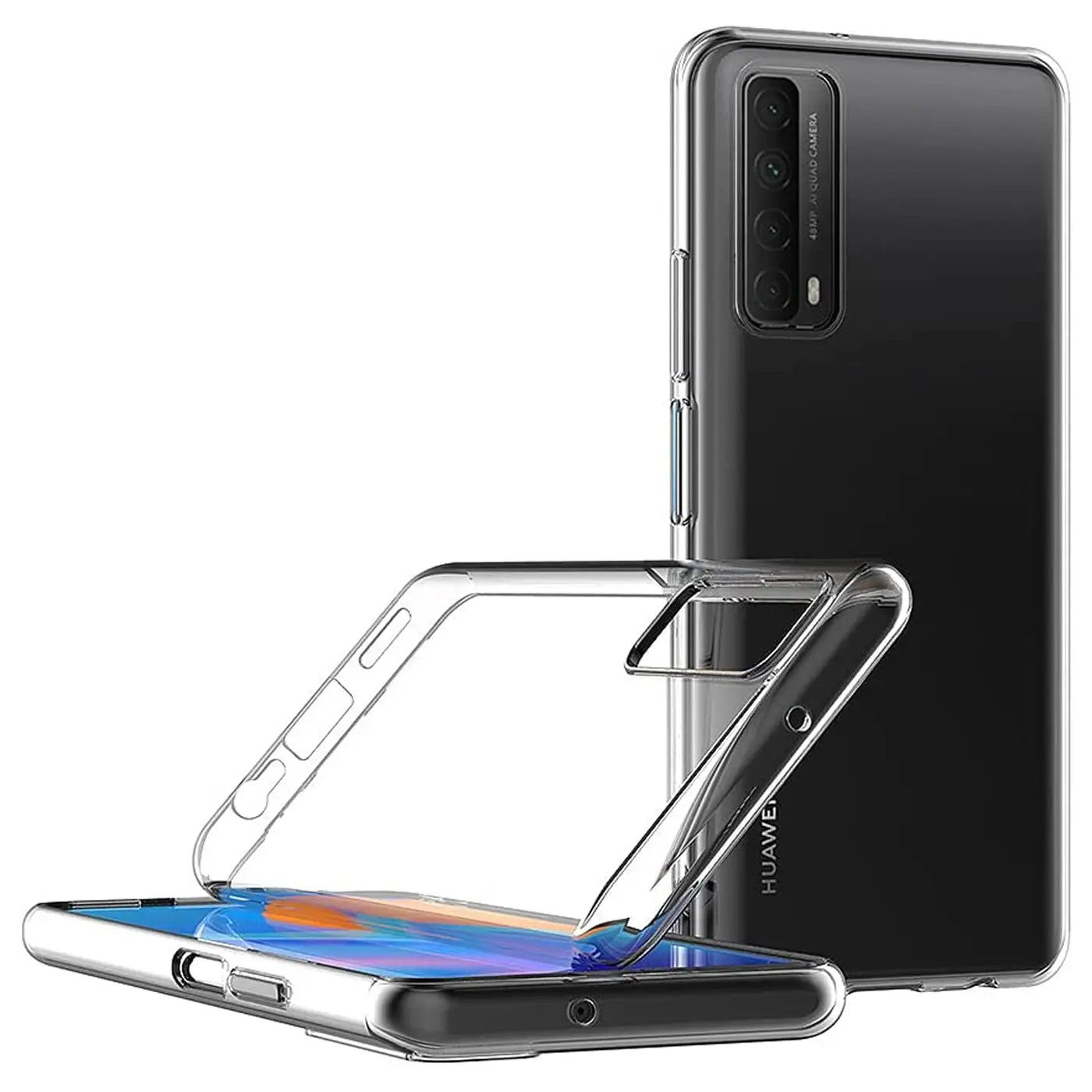 Klar, transparentes TPU-Case wird auf Huawei P Smart 2021 aufgesetzt.