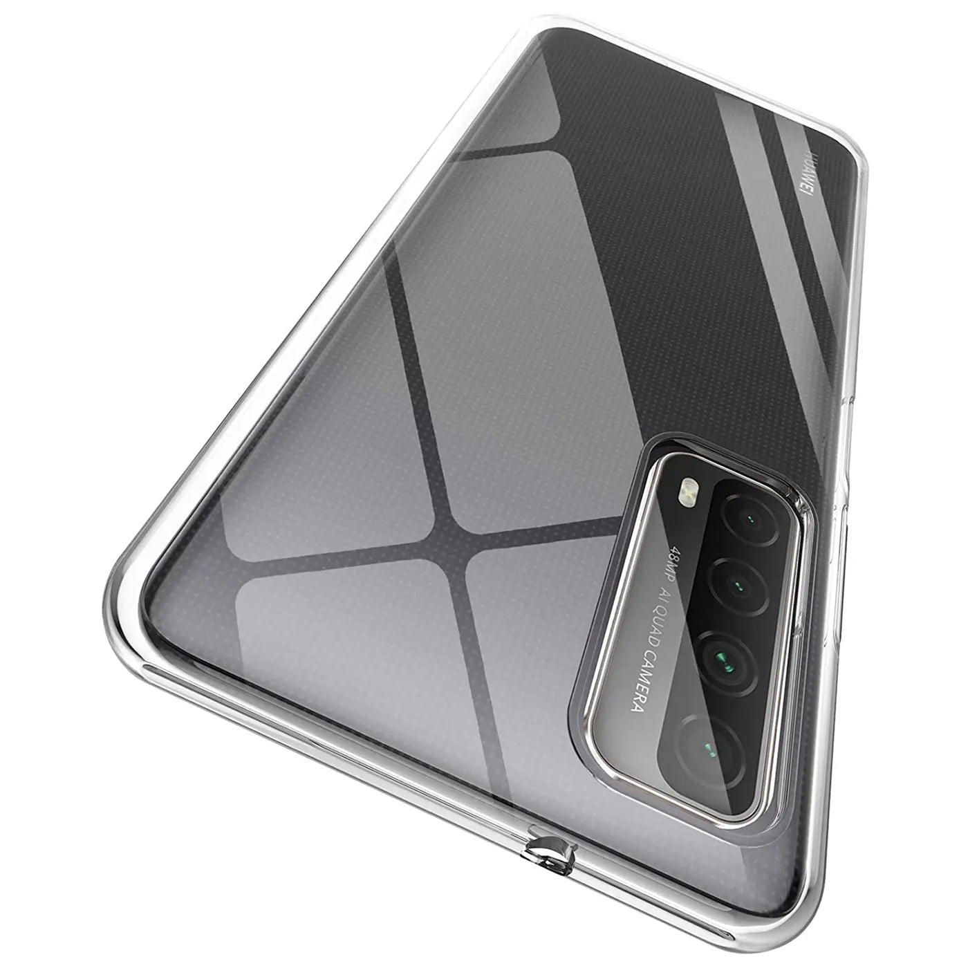 Klares, schlankes Huawei P Smart 2021 Handycase aus Kunststoff, von schräg oben fotografiert.