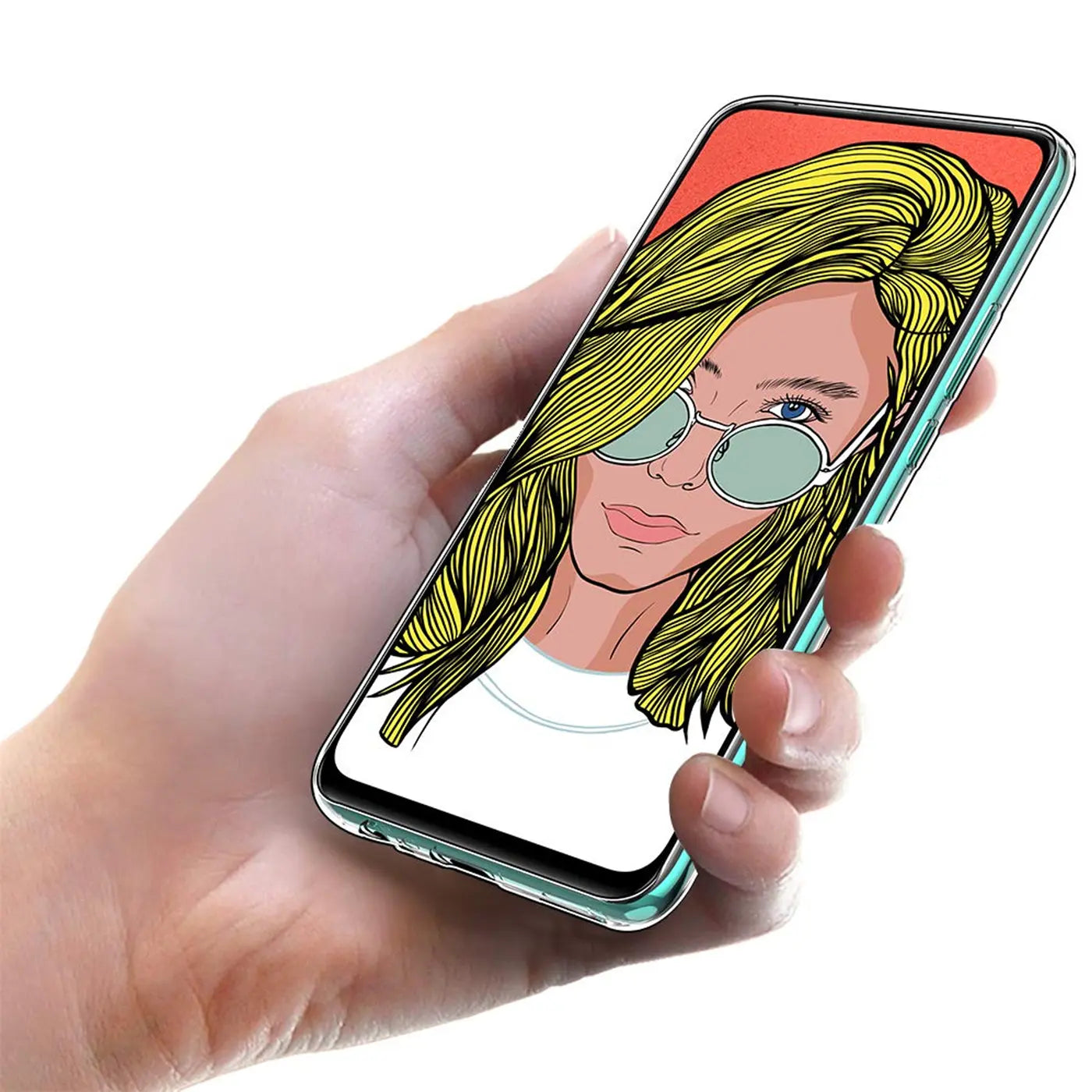 Hand hält transparentes Handy mit Comic-Porträt einer Frau, Nahaufnahme.