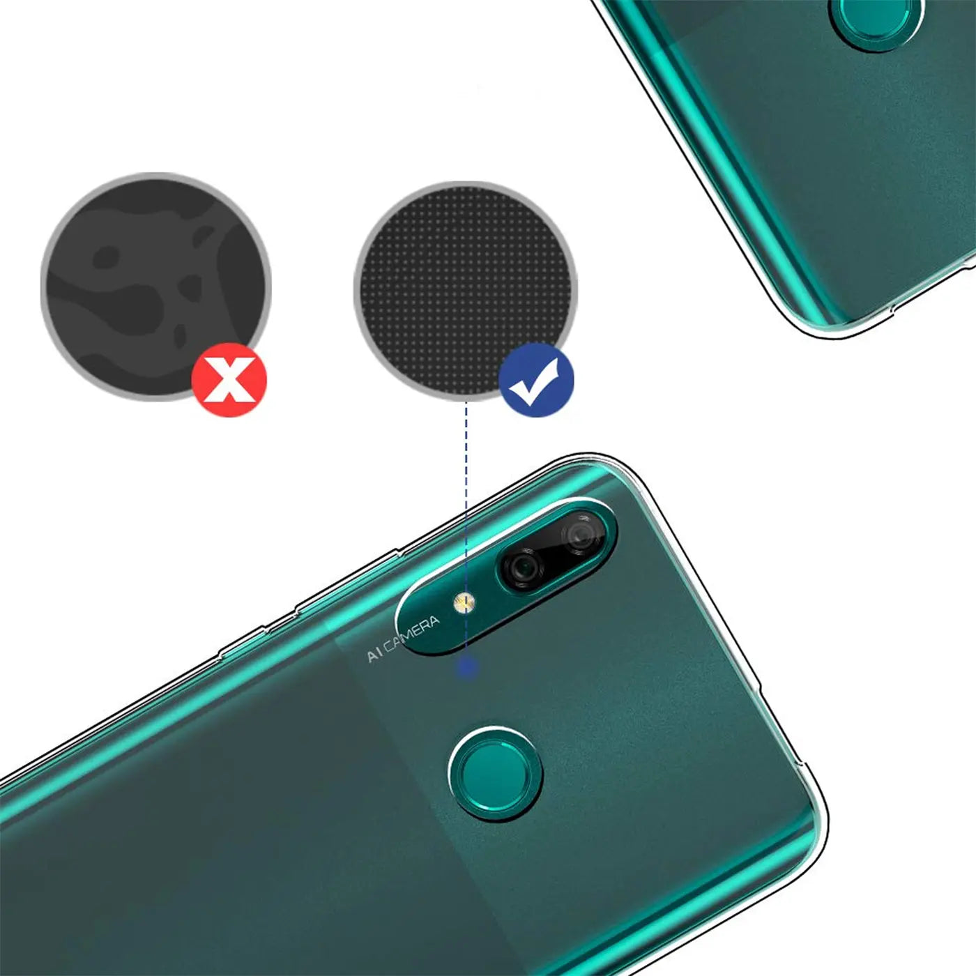 Transparente Hülle auf Huawei P Smart Z / Honor 9X, Nahaufnahme Rückseite, von oben links.