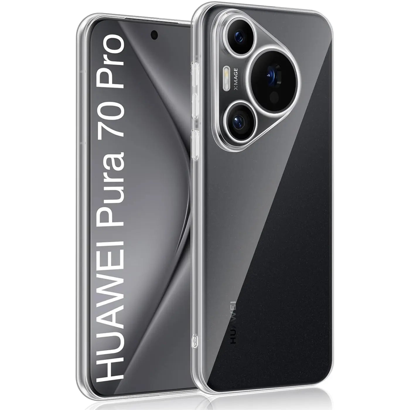 Klarhülle aus TPU für Huawei Pura 70 Pro, von vorne/seitlich, mit Kamera.