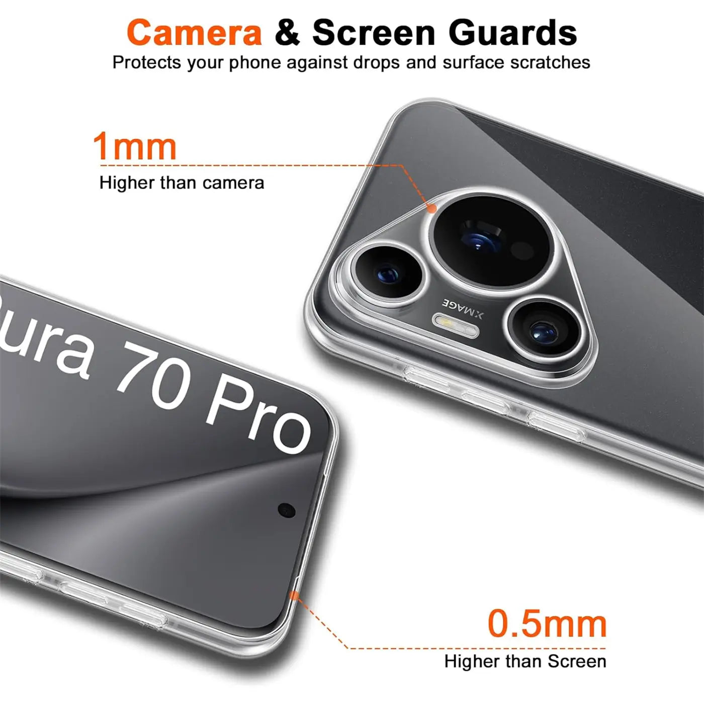 Klarhülle aus Kunststoff, Huawei Pura 70 Pro, Rückansicht und Seitenansicht.