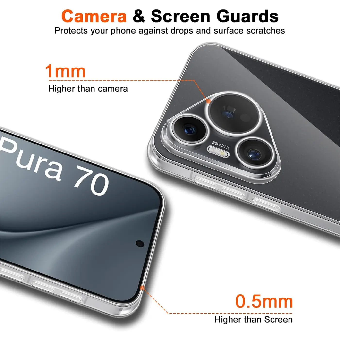 Klar transparente Hülle aus Kunststoff, zeigt Rückseite und Vorderseite des Huawei Pura 70.