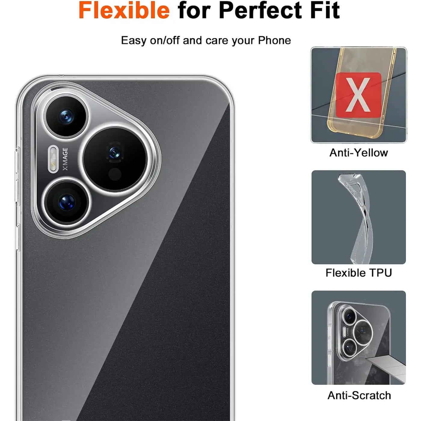 Klar, transparentes TPU-Case auf Huawei Pura 70 Rückseite, Nahaufnahme