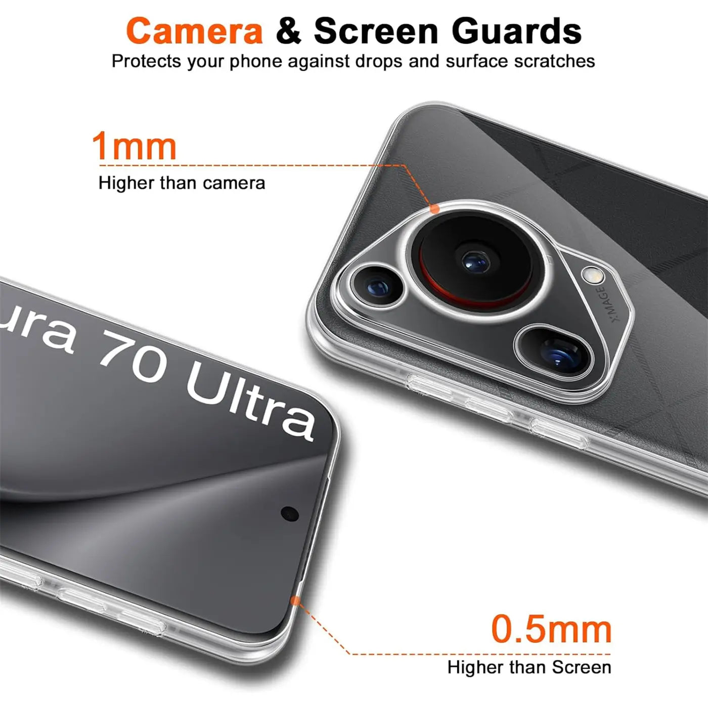 Klar, transparentes Handyhülle aus Kunststoff, zeigt Rückseite und Vorderseite des Huawei Pura 70 Ultra.