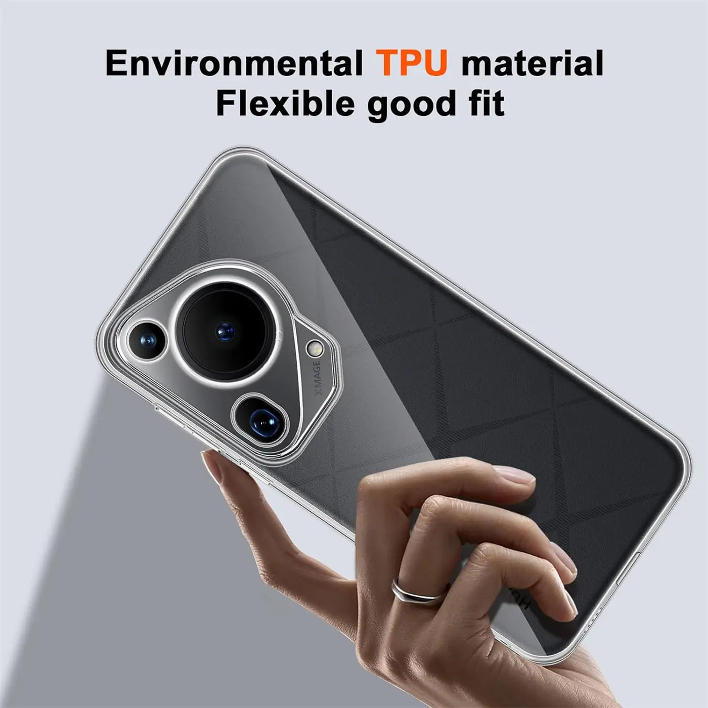 Transparente TPU-Hülle um ein Huawei Pura 70 Ultra, von unten betrachtet.