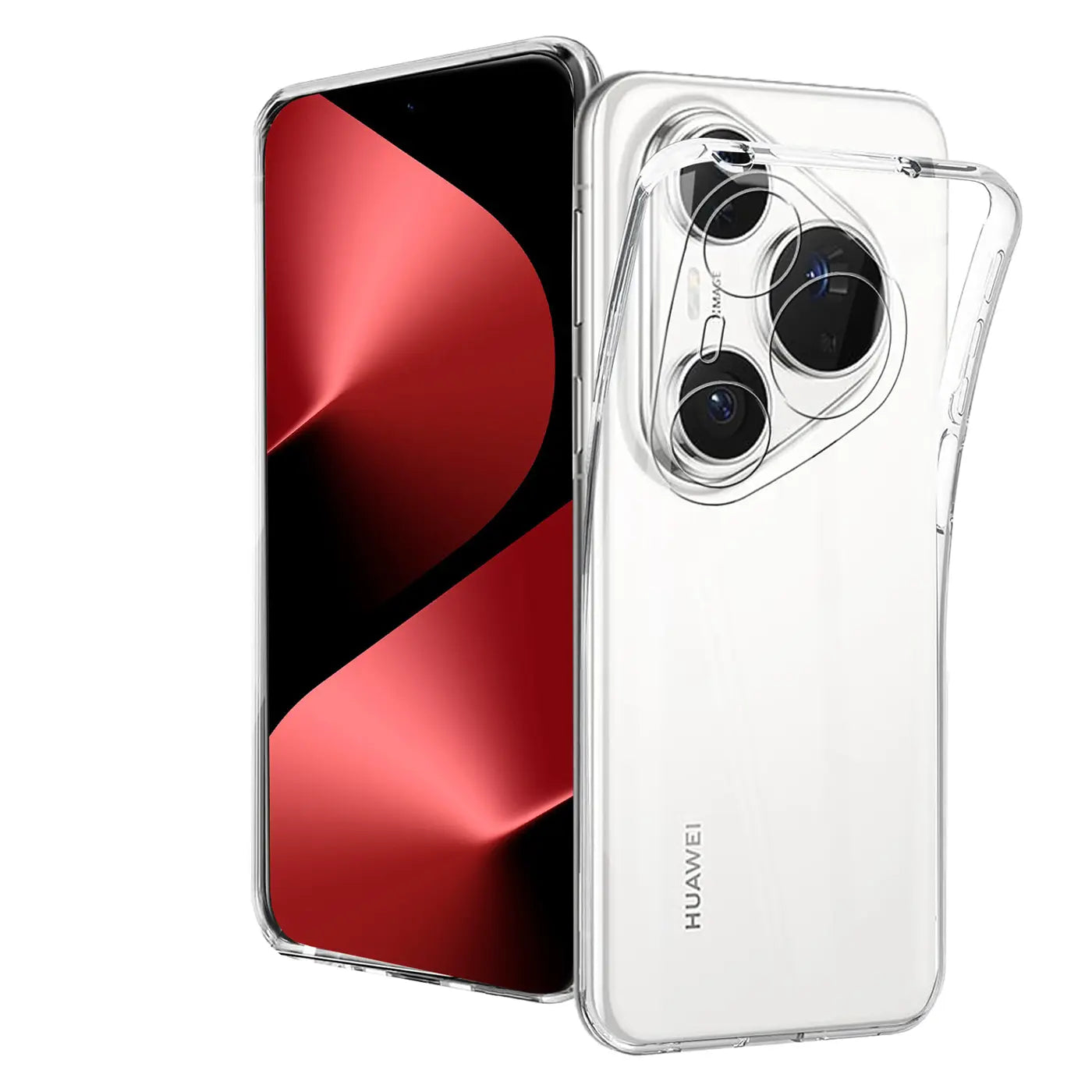 Klarhülle aus Silikon, von vorne und hinten gezeigt, auf einem Huawei Pura 80 Pro.