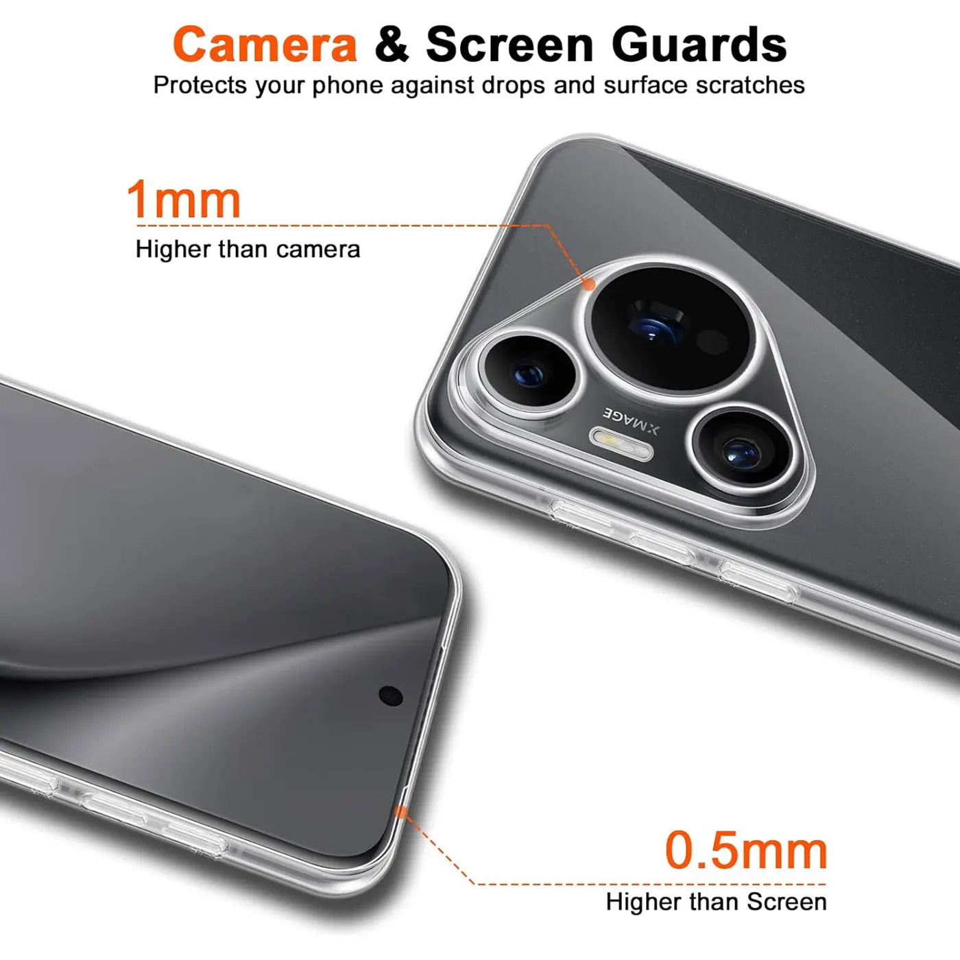 Klares Handyhülle aus Kunststoff, Rückseite und Vorderseite eines Huawei Pura 80 Pro aus der Vogelperspektive.