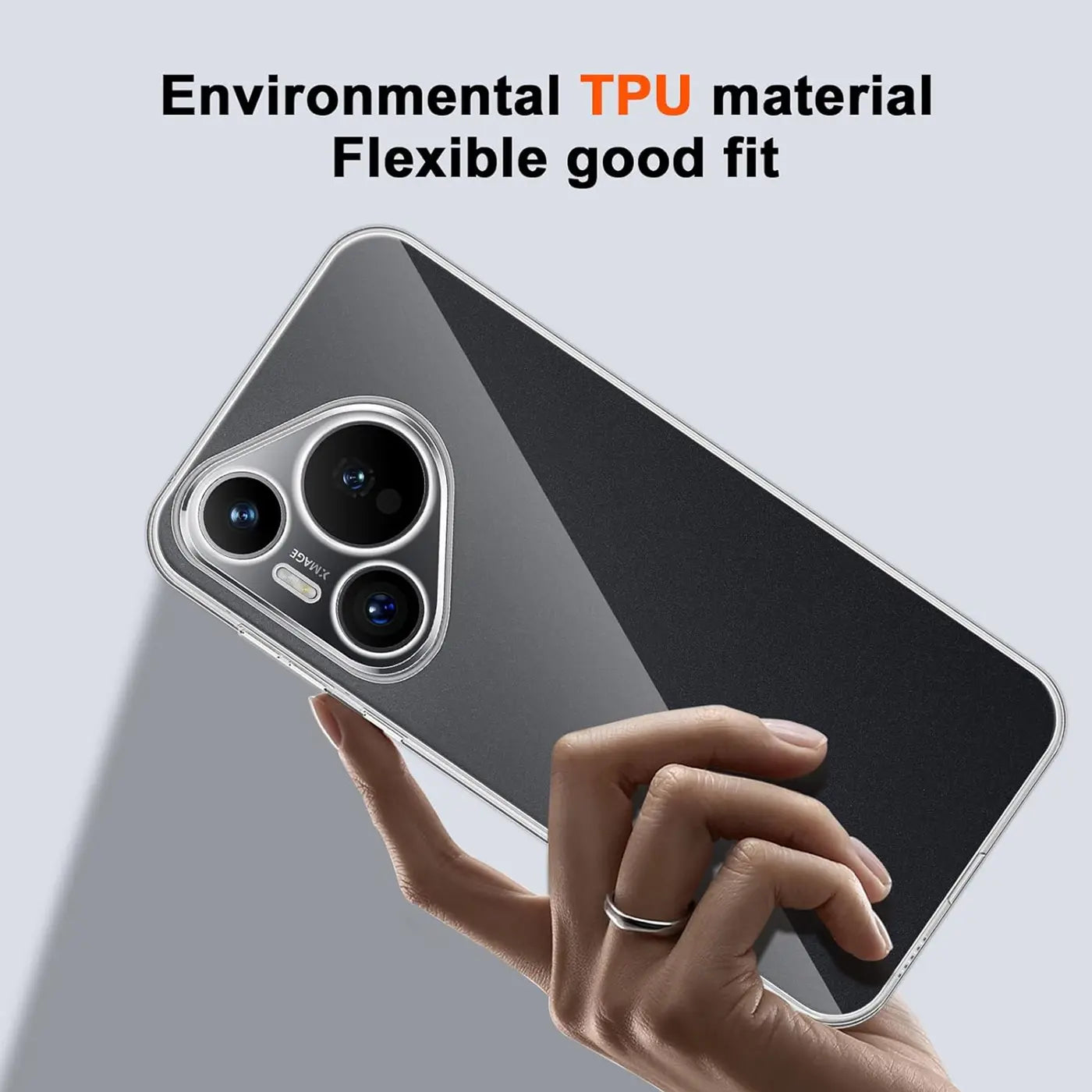 Klar, transparentes TPU-Case auf Huawei Pura 80 Ultra, von hinten, von oben links.
