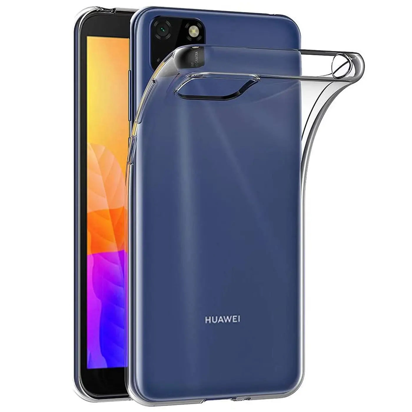 Klares Silikoncase auf einem blauen Huawei Y5P, von hinten, leicht schräg.