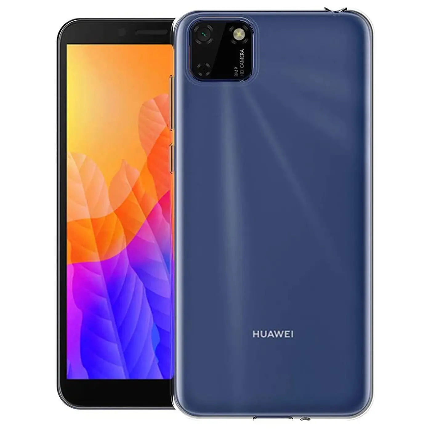 Dunkelblaues Huawei Y5P Smartphone mit transparentem Slim Case, von vorne/leicht schräg