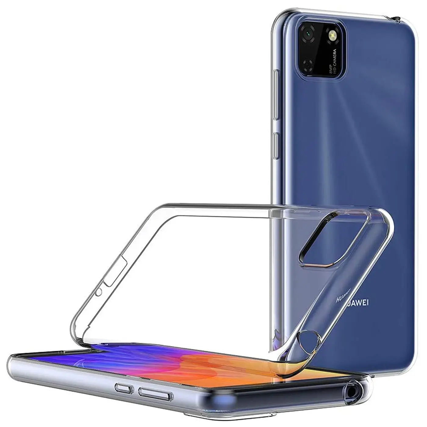 Klarhülle aus TPU um ein blaues Huawei Y5P Smartphone, Vorder- und Rückansicht.