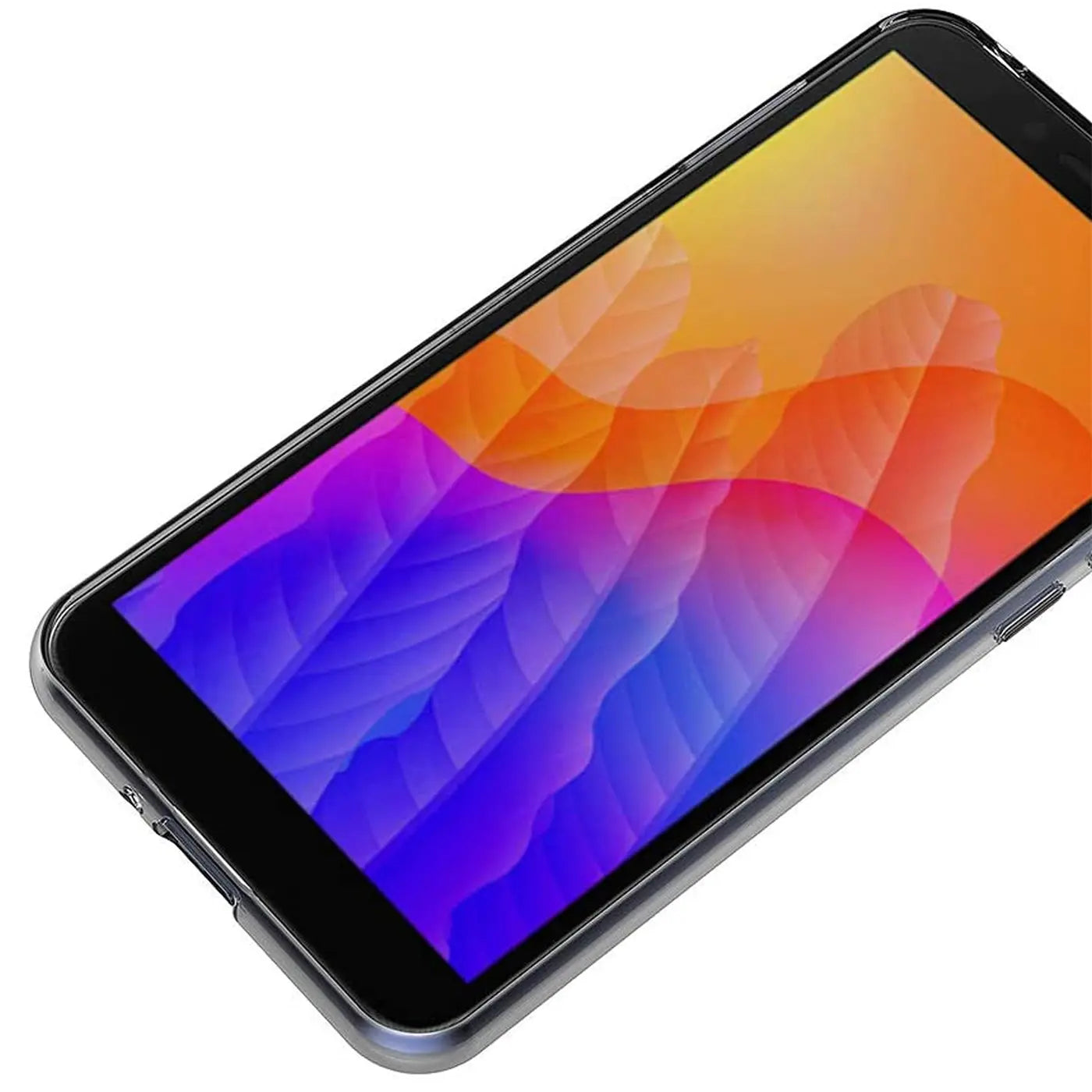Huawei Y5P in klarem, transparentem Case, von schräg oben fotografiert.