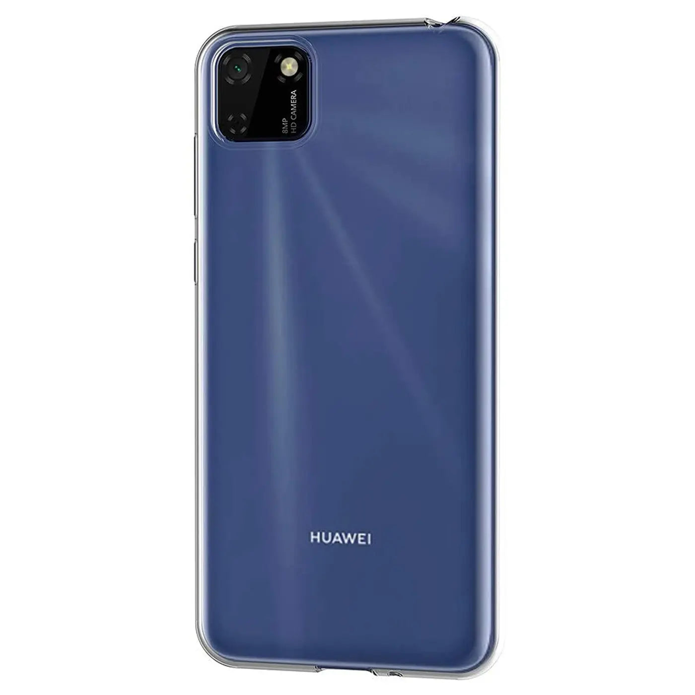 Huawei Y5P in transparentem Case, Rückansicht, Nahaufnahme