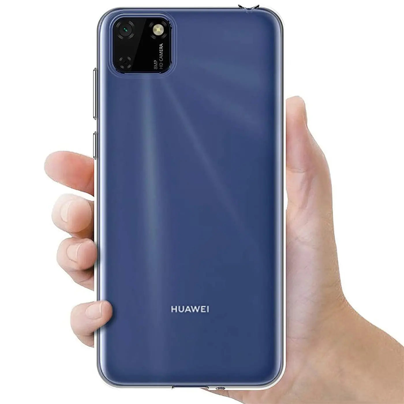 Blaue Huawei Y5P Hülle, transparent, aus Silikon, von hinten gezeigt.