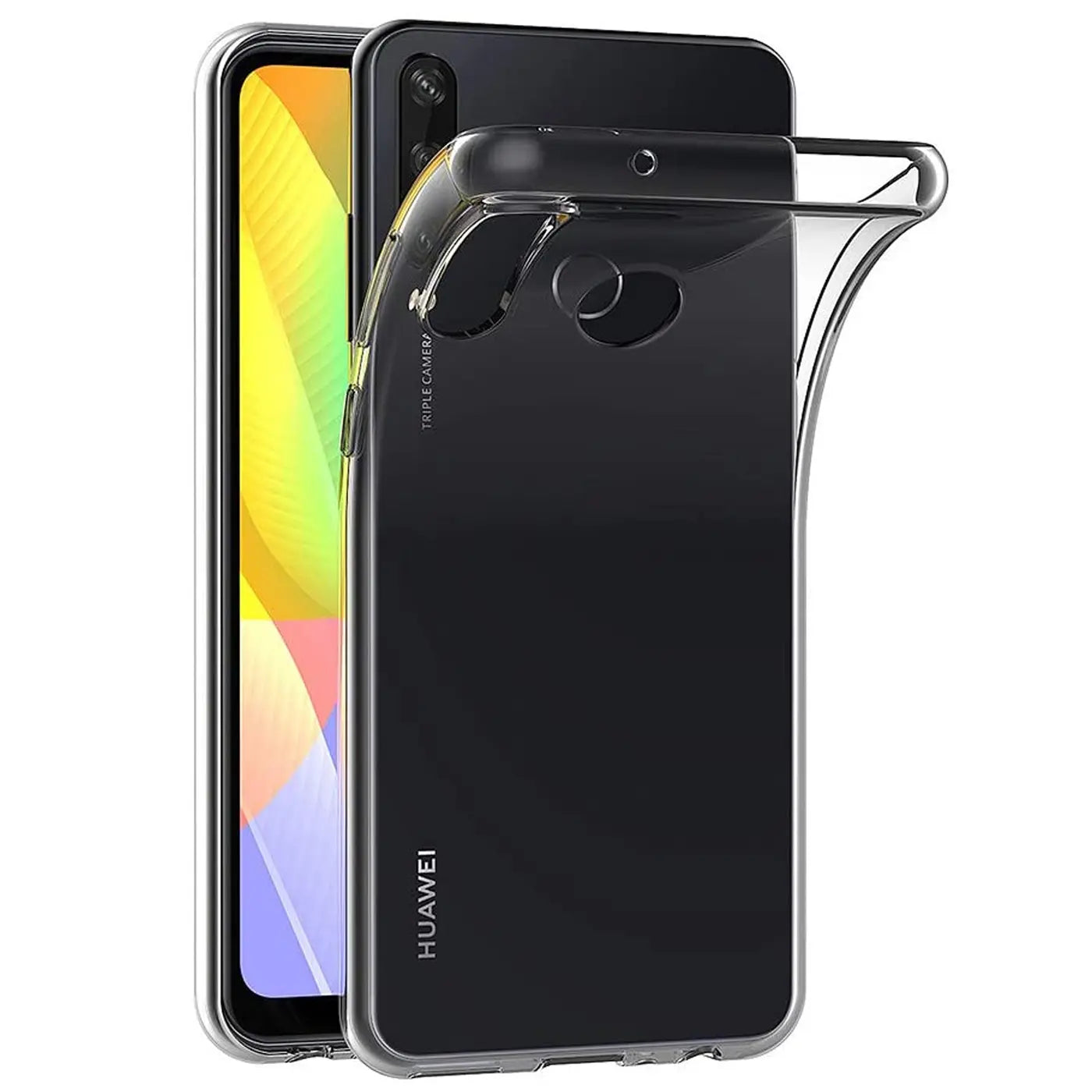 Klar transparente Hülle aus Silikon um ein Huawei Y6P Smartphone, von hinten gezeigt.