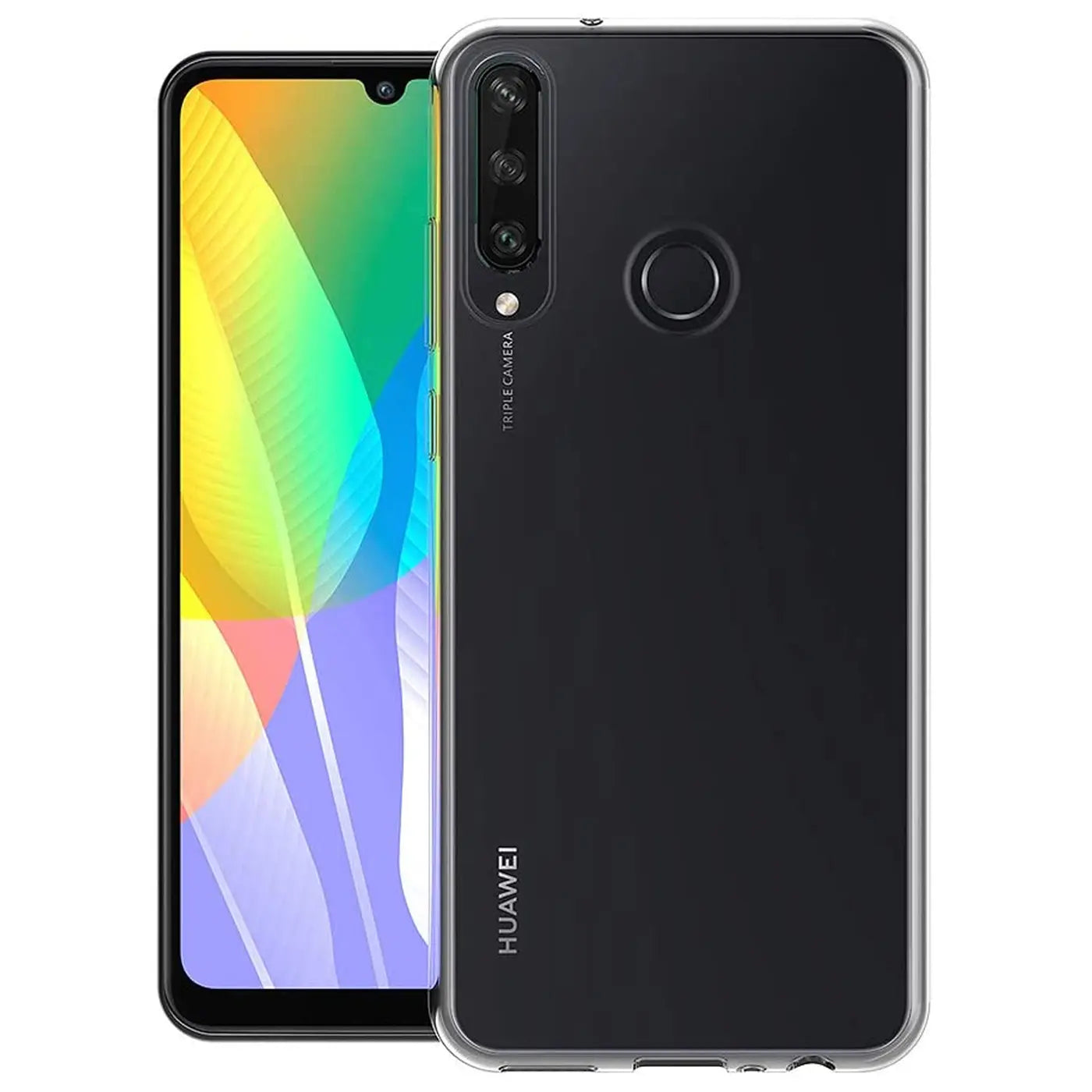 Huawei Y6P in transparentem Silikon-Case, von vorne und hinten gezeigt.