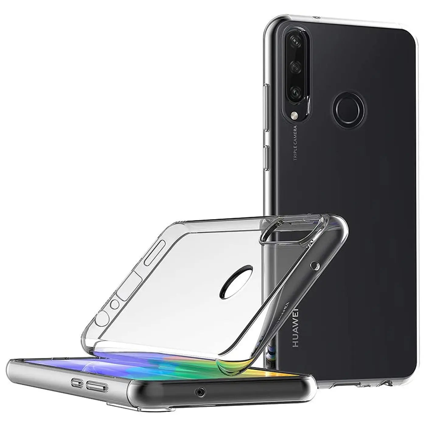 Klarplastik Hülle liegt auf Huawei Y6P, Rückseite sichtbar.