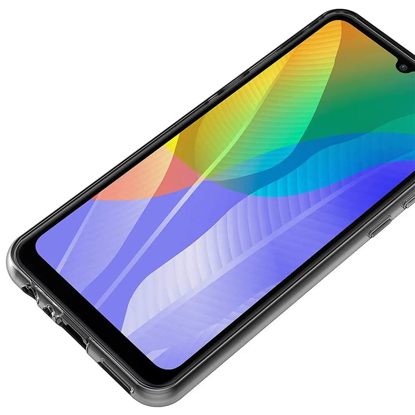 Huawei Y6P in klarem, schlankem Case, von oben links, aus Kunststoff.