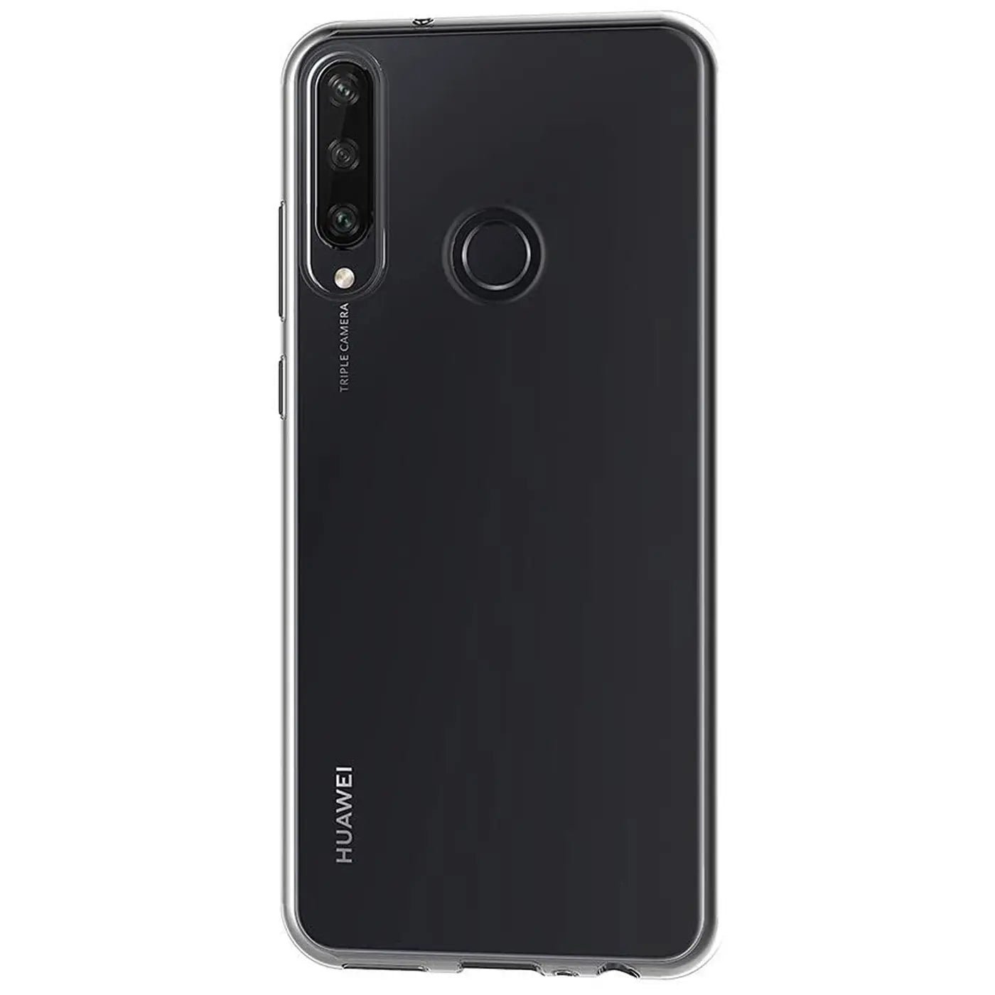 Klar, transparentes Huawei Y6P Handy mit Triple-Kamera und Fingerabdrucksensor.