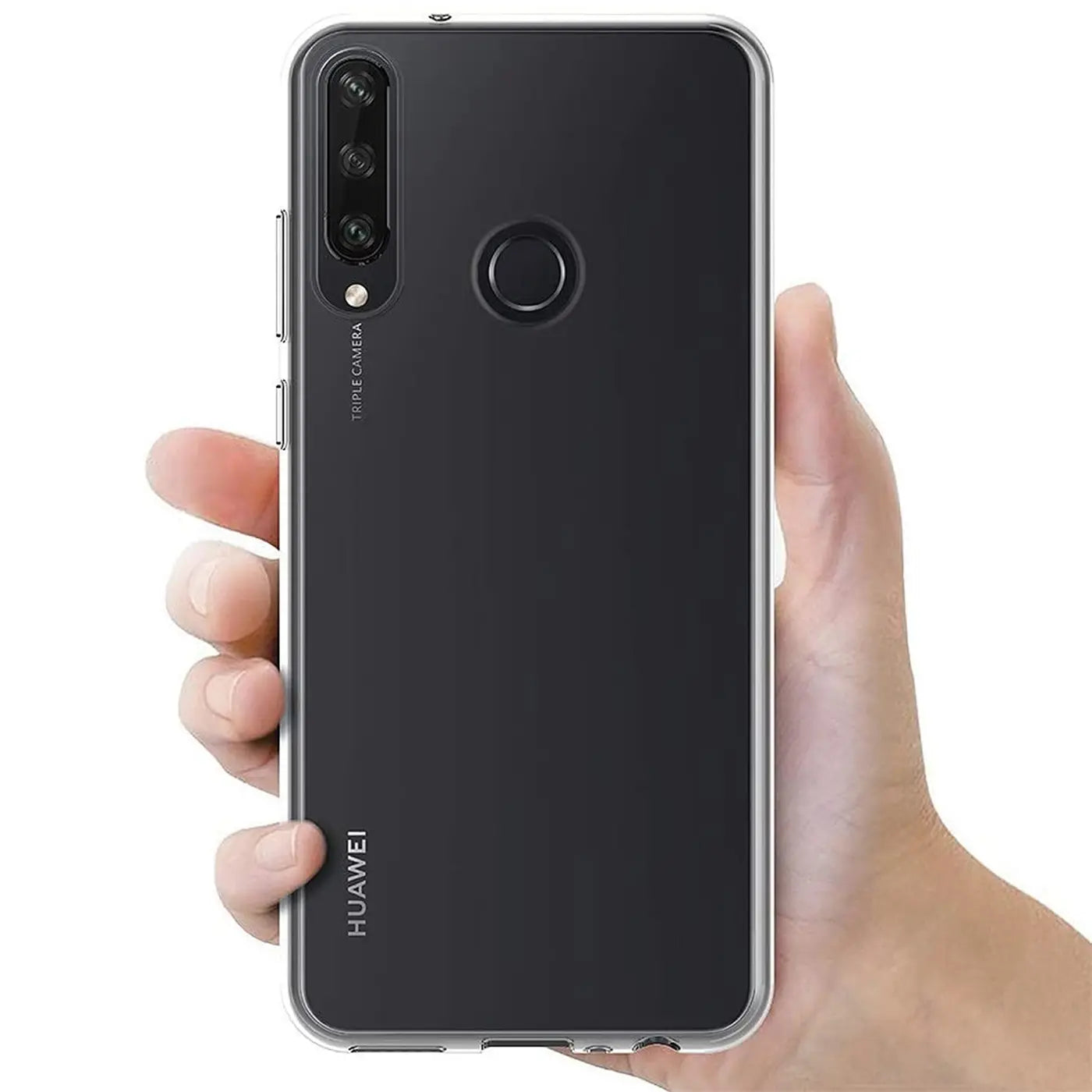 Transparente Hülle aus Kunststoff, Rückansicht, Huawei Y6P mit Fingerabdrucksensor.