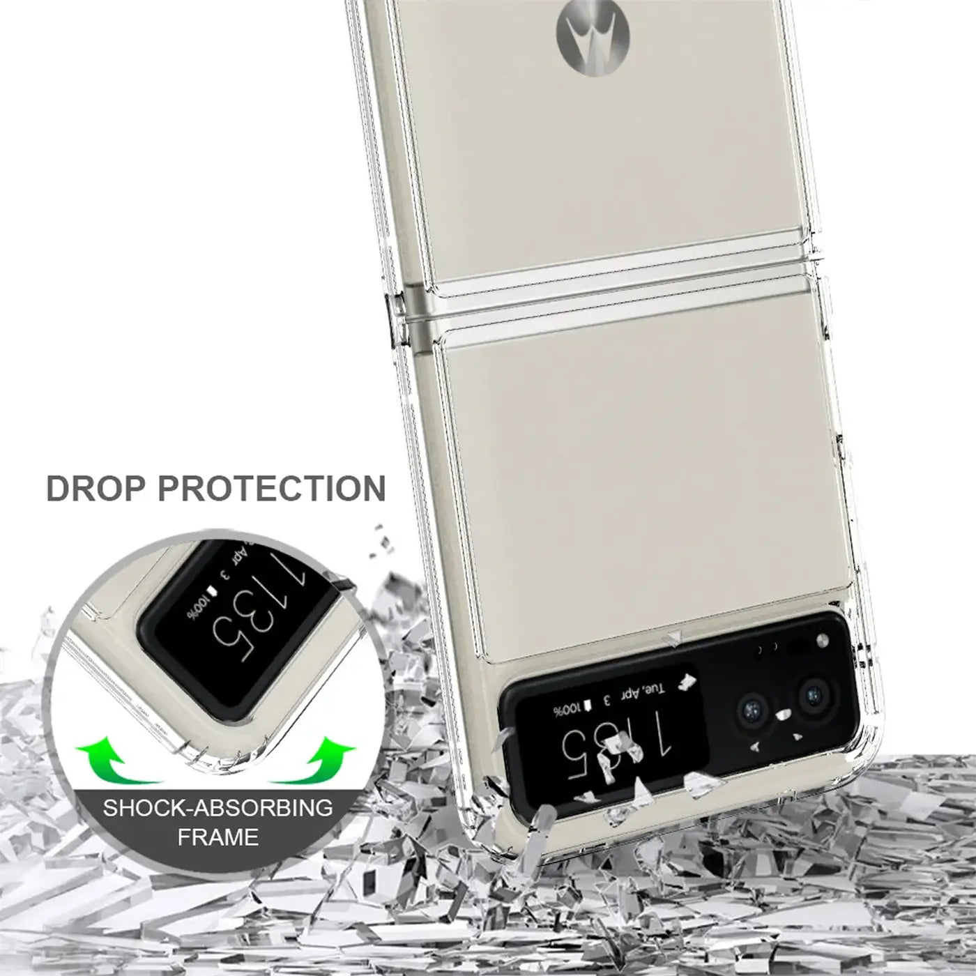 Klares, schmales Schutzcase für Motorola Razr 40, Nahaufnahme, transparent, schockabsorbierender Rahmen.