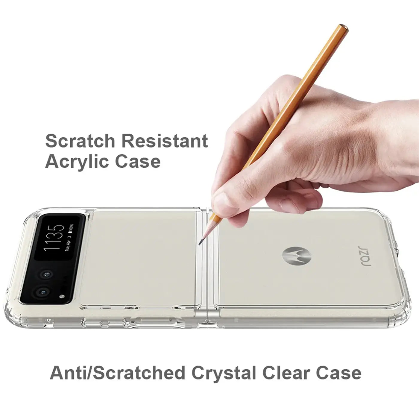 Klar transparente Hülle aus Acryl für Motorola Razr 40, von oben, mit Bleistift.